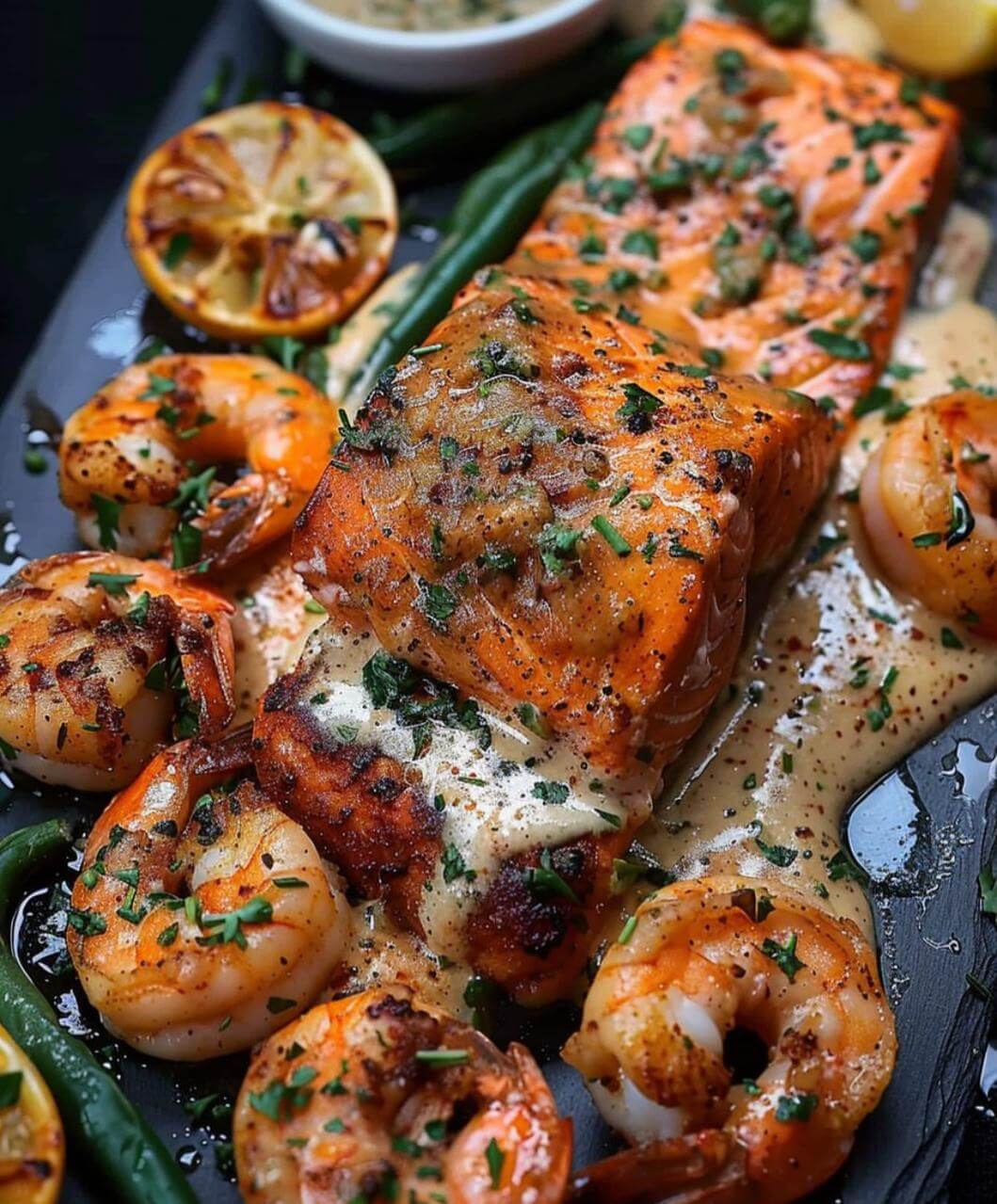 Grilled Salmon and Shrimp with Creamy Garlic Butter Sauce  1