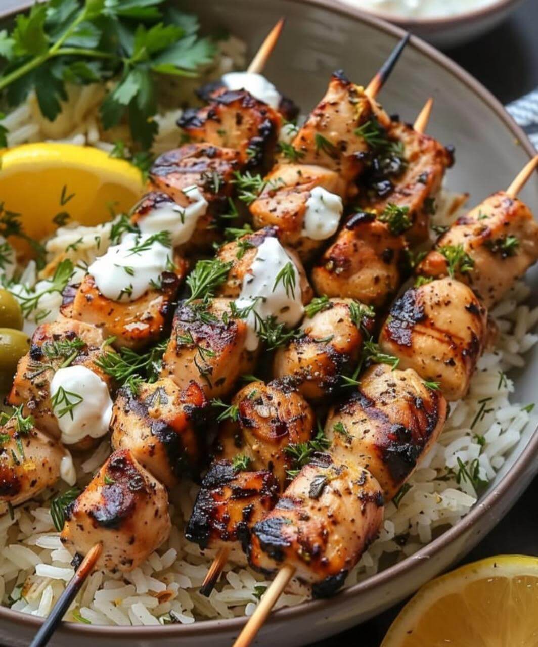 Greek Chicken Skewers with Lemon Rice 1