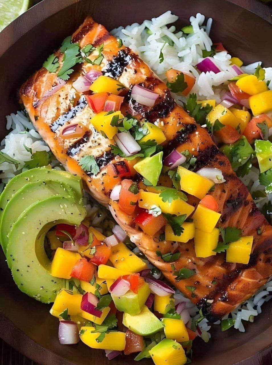 Mediterranean Grilled Salmon with Mango Salsa and Rice 1