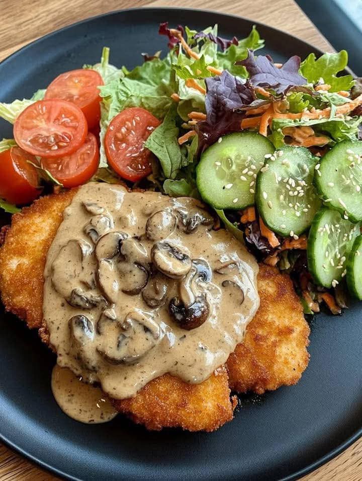 Mediterranean Crispy chicken schnitzel with creamy Mushroom sauce Fresh Salad 1