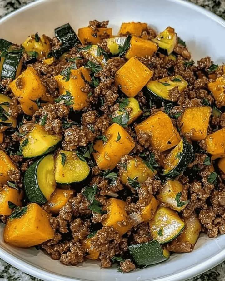 Mediterranean Ground Beef Skillet with Sweet Potatoes and Zucchini 1