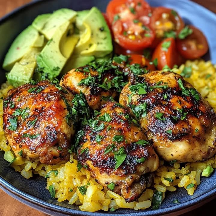 Mediterranean grilled chicken thighs with avocado tomato salad & saffron rice 1