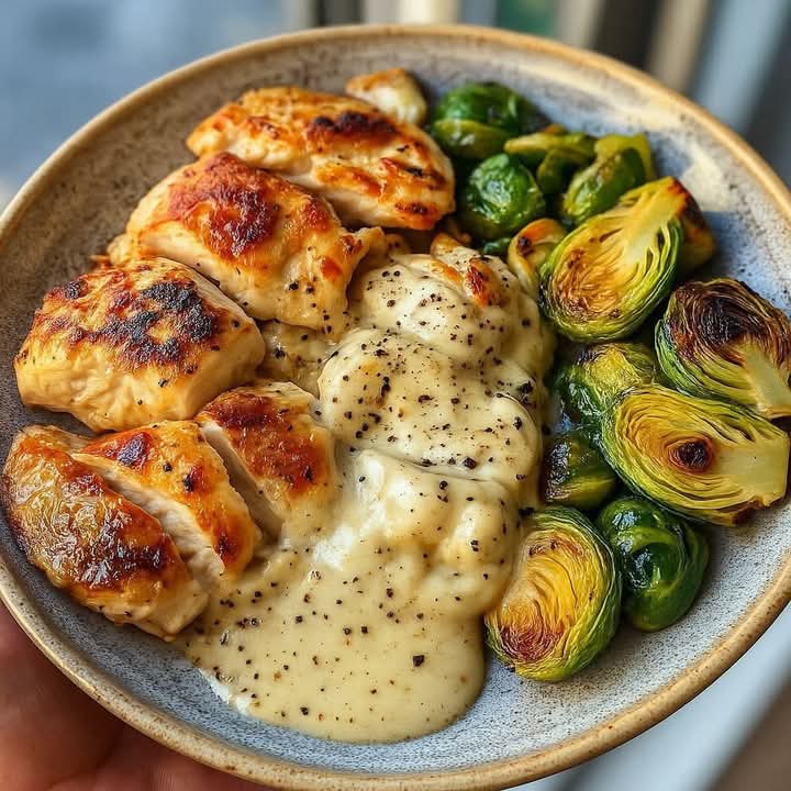 Mediterranean Creamy Garlic Chicken & Brussels Sprouts Plate 1