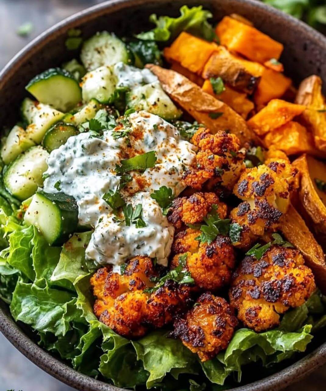 Roasted Cauliflower & Sweet Potato Buddha Bowl with Herbed Yogurt Sauce 1