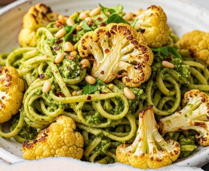 Mediterranean Creamy Pesto Pasta with Roasted Cauliflower and Parmesan 1