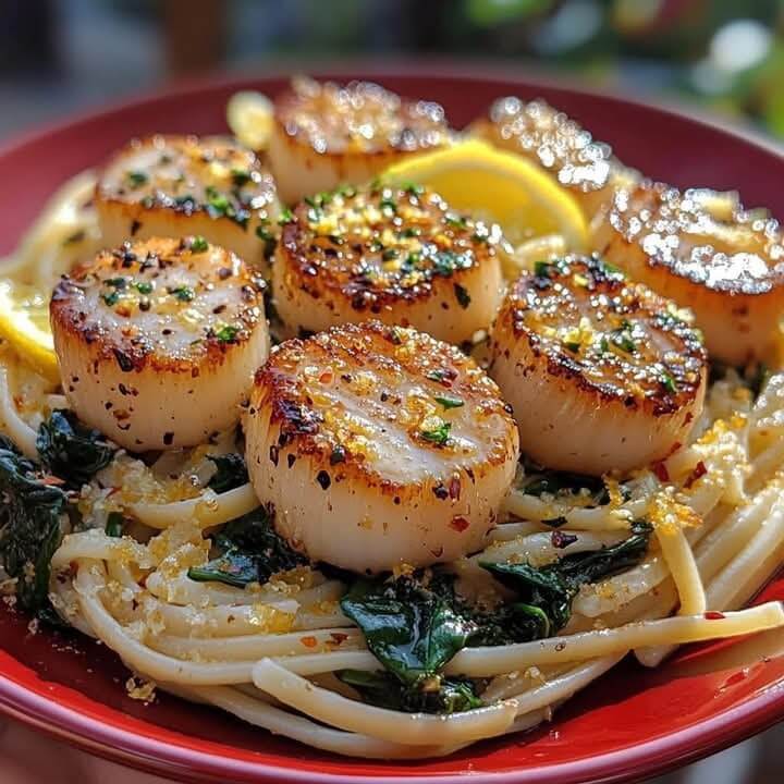 Mediterranean Garlic Butter Scallop Linguine with Spinach 1