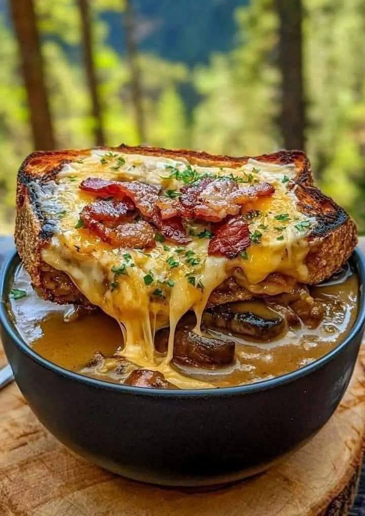 Mushroom & Caramelized Onion Soup with Cheesy Toasties and Beef 1