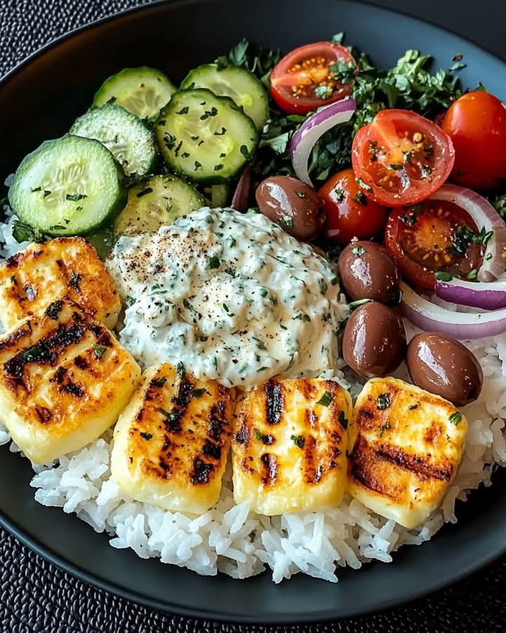 Grilled Halloumi Greek Bowl with Tzatziki & Veggies 1
