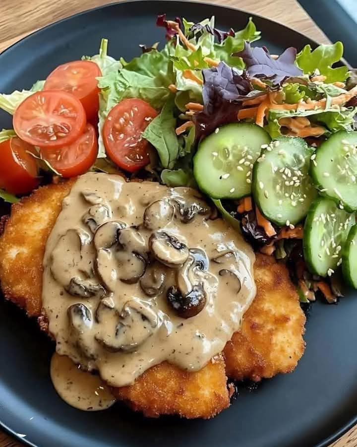 Mediterranean Chicken Schnitzel with Creamy Mushroom Sauce & Herb Salad 1