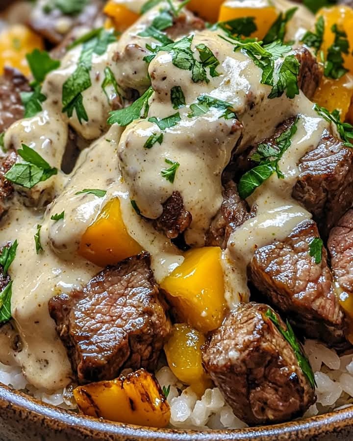 Mediterranean Beef & Pepper Rice Bowl with Tahini-Garlic Sauce 1