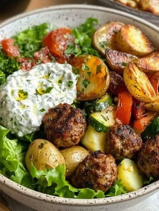 Mediterranean Meatball Bowl with Roasted Potatoes & Tzatziki 1