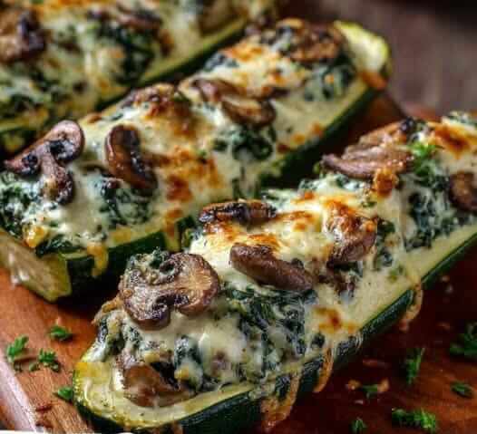 Mediterranean Spinach, Mushroom &Cheese Stuffed Zucchini Boats 1