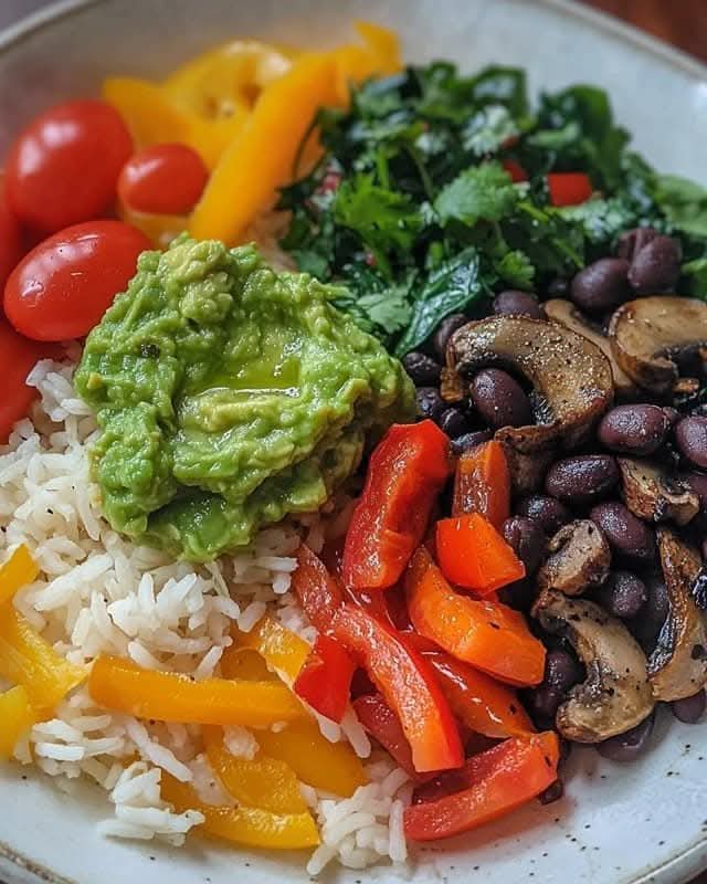 Mediterranean Veggie Fiesta Rice Bowl with Guacamole & Black Beans 1