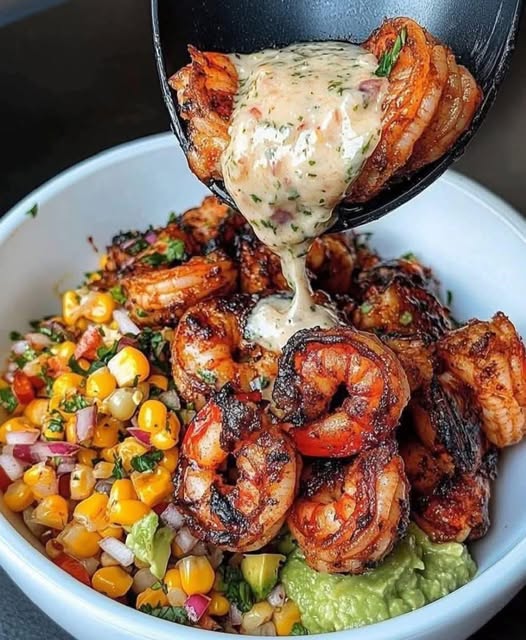 Grilled Shrimp Bowl with Avocado Corn Salsa & Creamy Sauce 1