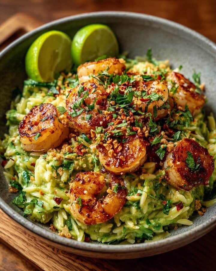 Zesty Avocado Lime Orzo with Chilli Shrimp Crunch 1