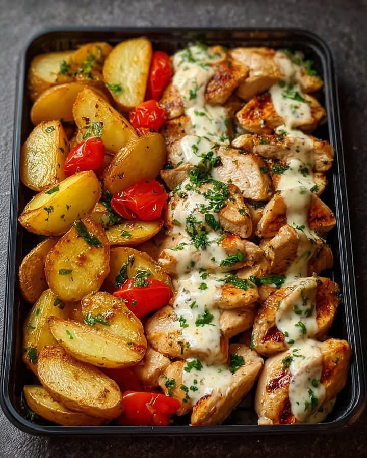 Mediterranean Next-Level Creamy Herb Chicken with Roasted Potatoes & Tomatoes 1