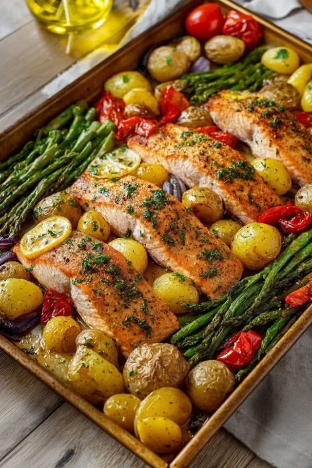 Mediterranean Garlic Butter Salmon with Roasted Potatoes, Glazed Carrots & Steamed Broccoli 1
