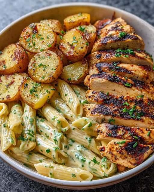 Mediterranean Best-Ever Herb Chicken Penne with Crispy Potatoes 1
