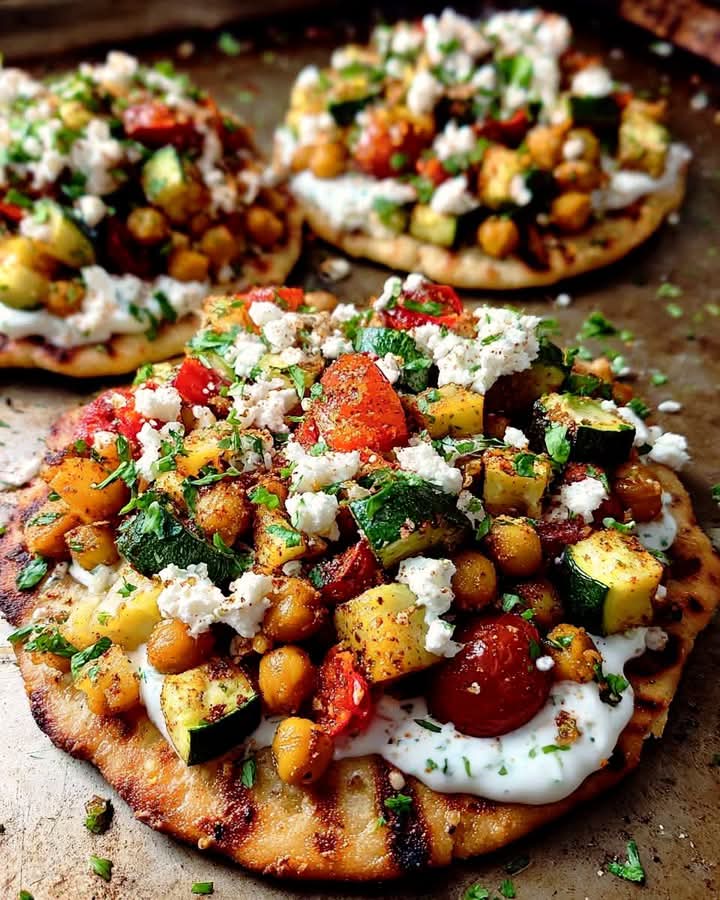 Mediterranean Crispy Chickpea & Roasted Veggie Flatbread with Tzatziki Drizzle 1
