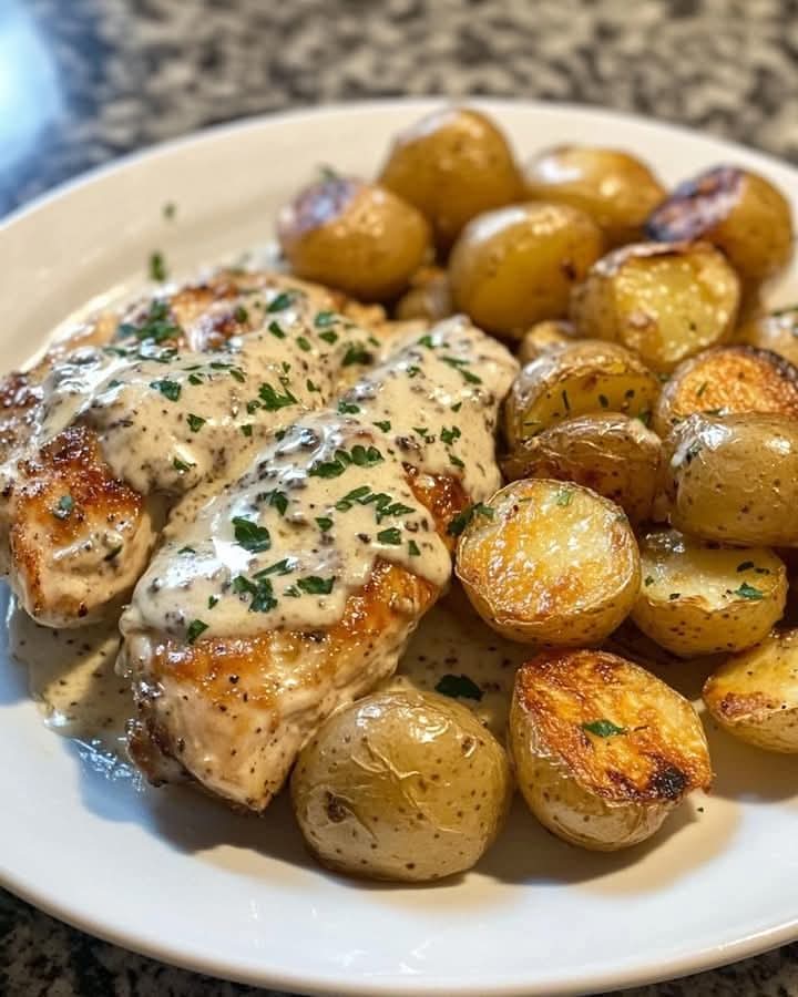Mediterranean Creamy Garlic Chicken with Roasted Baby Potatoes 1