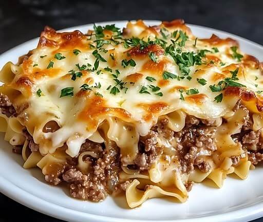 Mediterranean French Onion Ground Beef & Noodle Casserole 1
