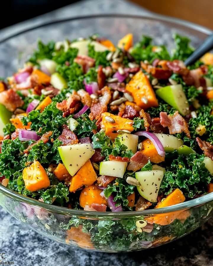 Mediterranean Kale Salad with Roasted Sweet Potatoes Apples & Crispy Beef 1