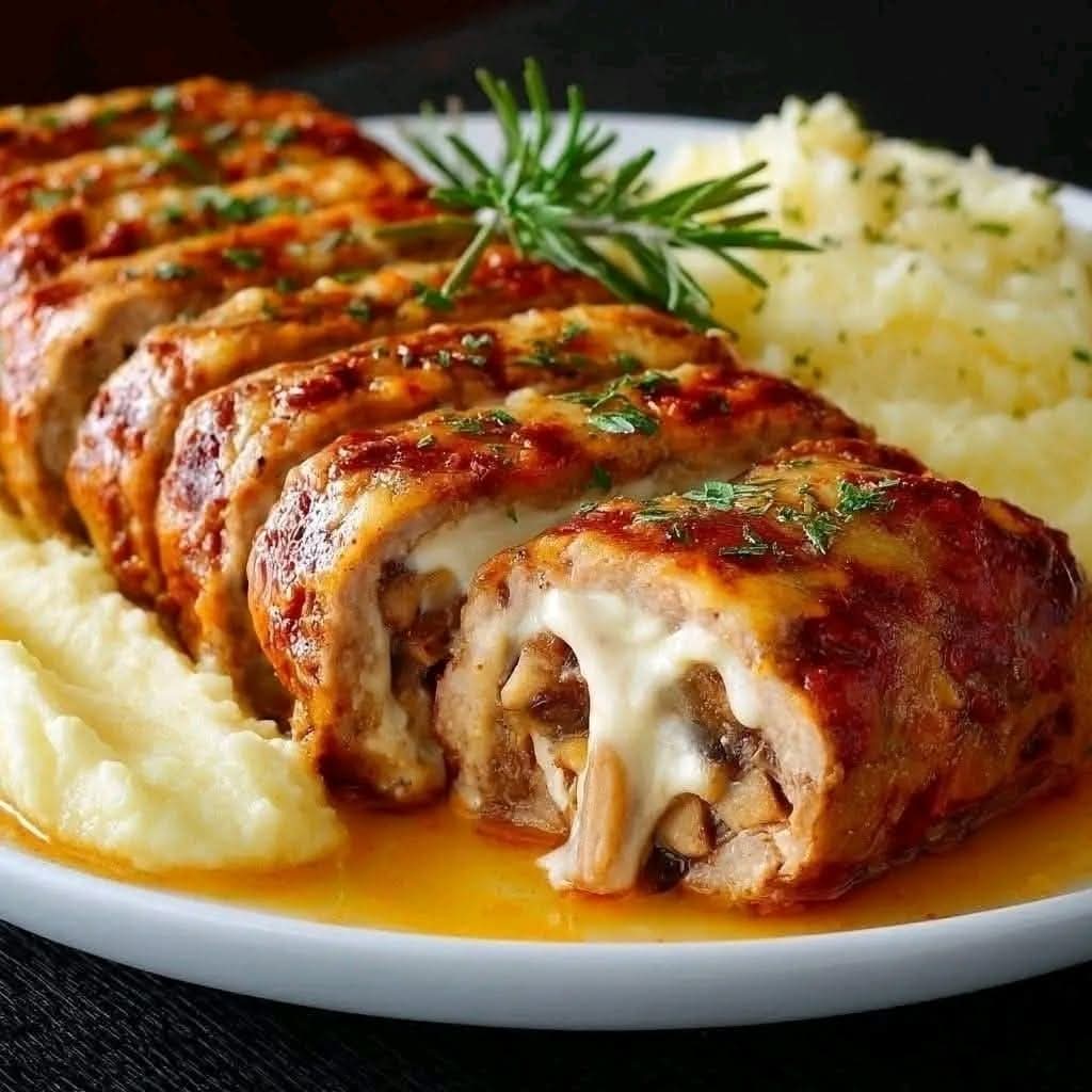 Mediterranean Baked Stuffed Meat Roll with Mushroom Mashed Potatoes 1