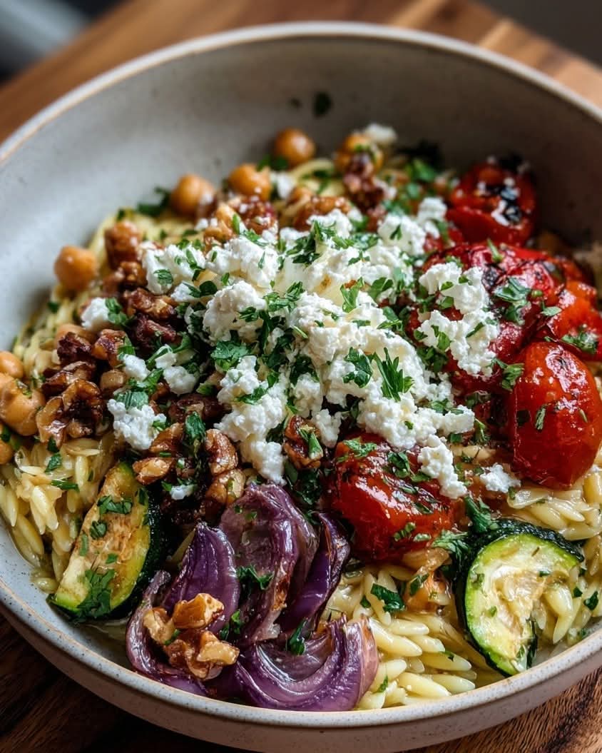Mediterranean Chickpea & Orzo Bowl with Feta, Roasted Veggies & Walnuts 1