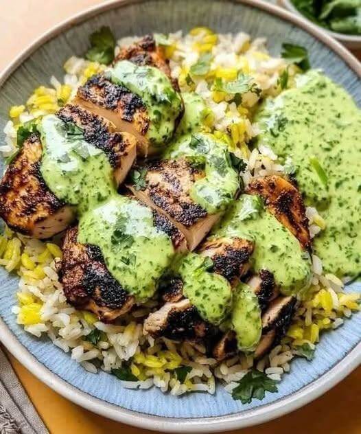 Mediterranean Grilled Chicken Served With A Creamy Green Sauce 1