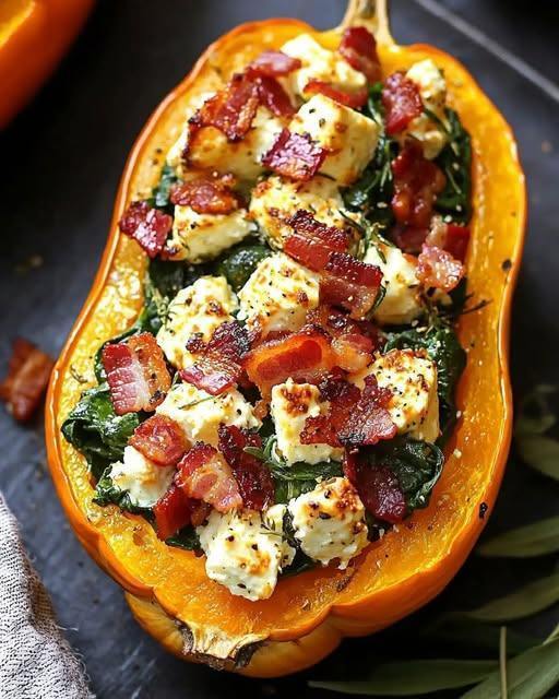 Stuffed Butternut Squash with Feta, Spinach & Bacon 1