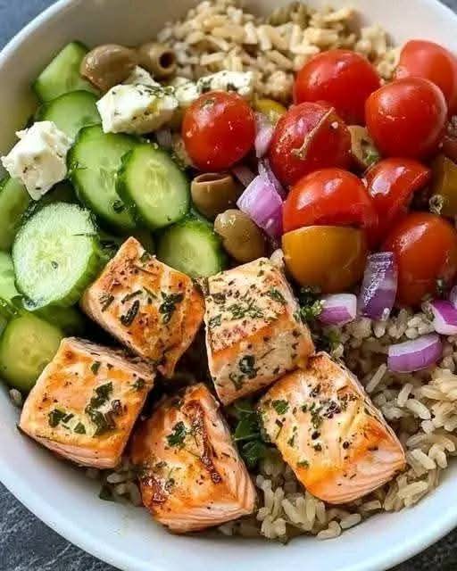 Mediterranean Greek-Style Salmon Bowl with Brown Rice & Village Salad 1