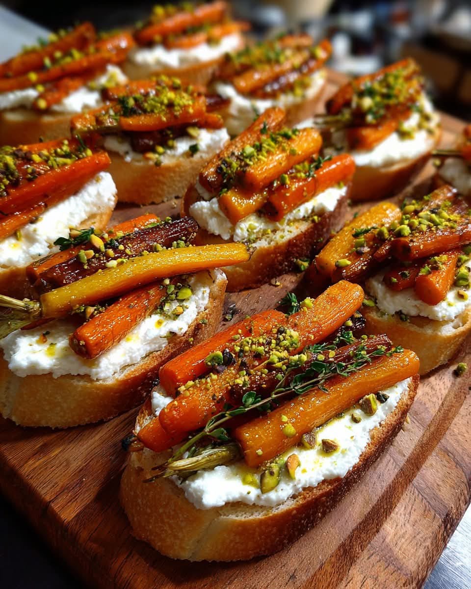 Mediterranean Roasted Carrot & Whipped Goat Cheese Crostini with Pistachio Dust 1
