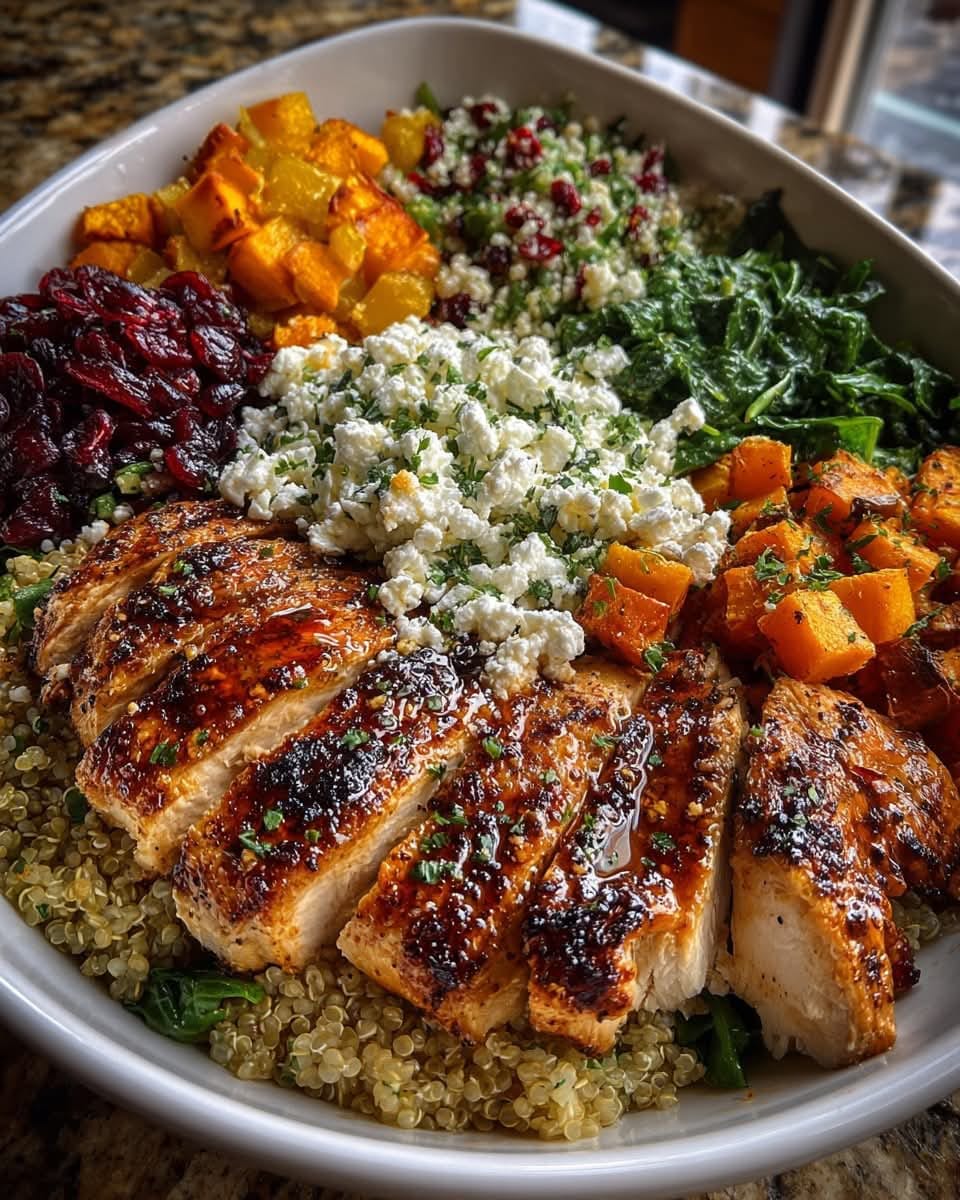 Mediterranean Greek Chicken Harvest Bowl with Cranberries & Feta 1