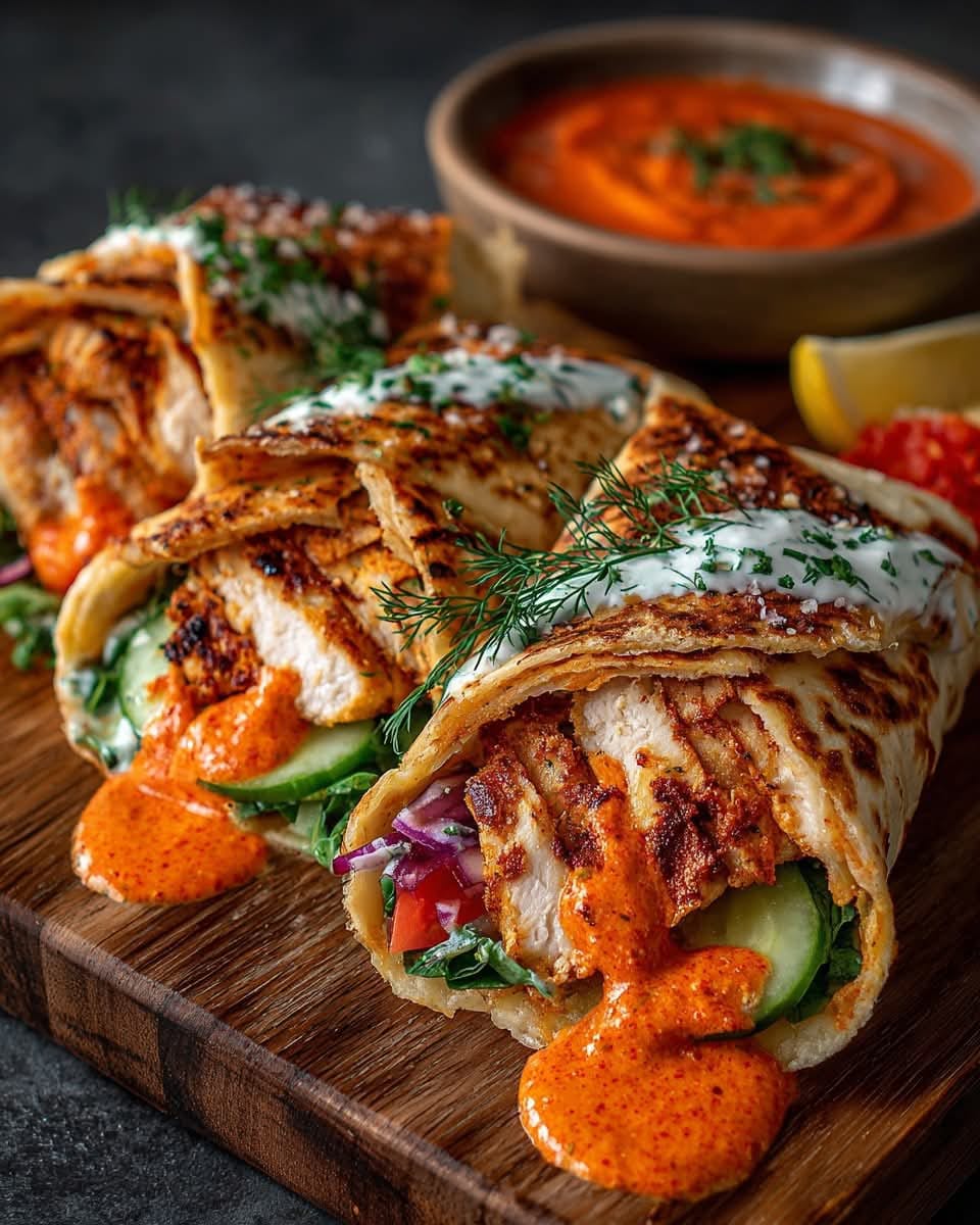Mediterranean Greek Chicken Wraps with Roasted Red Pepper Sauce 1