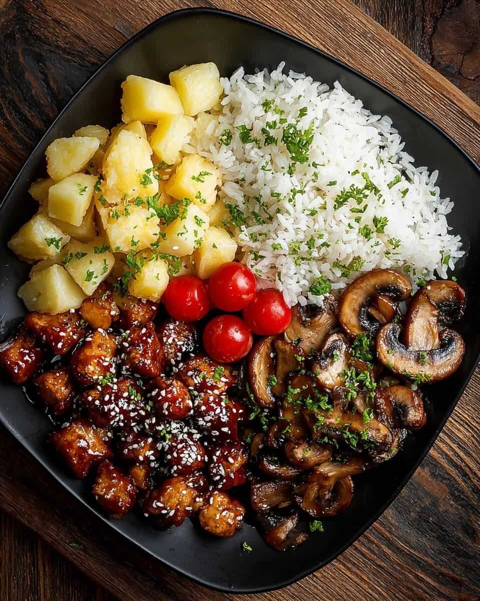 Mediterranean Teriyaki Chicken Bowl with Garlic Mushrooms, Pineapple, Rice & Cherry Tomatoes 1