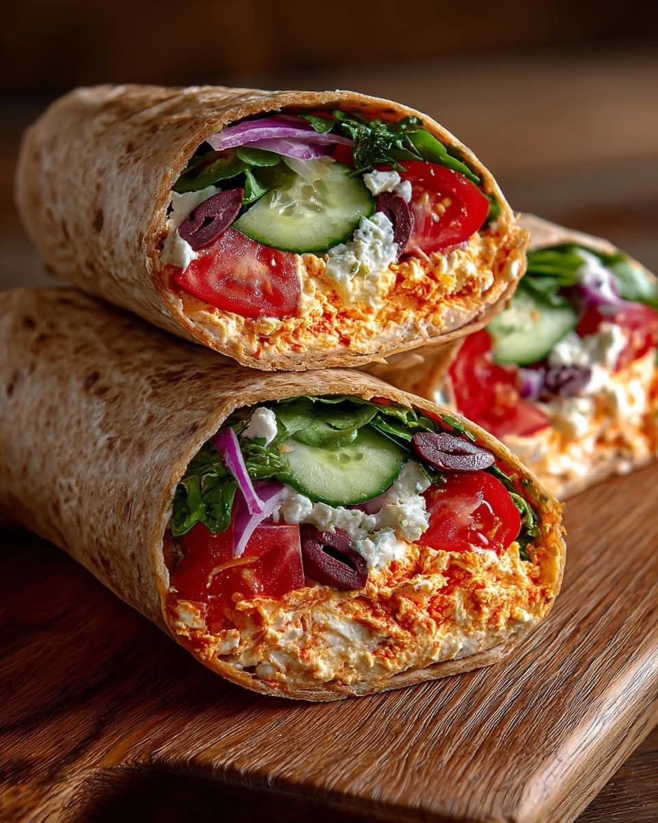 Mediterranean Greek Veggie Wraps with Roasted Red Pepper Feta Spread 1