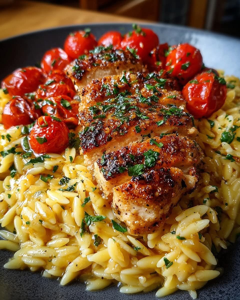 Mediterranean Honey Garlic Chicken Orzo with Roasted Tomatoes 1