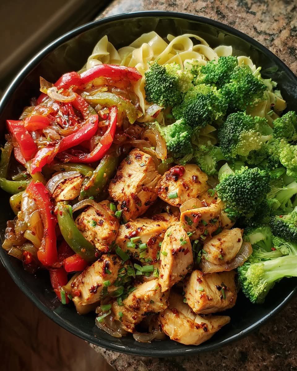 Mediterranean Colorful Chicken, Pepper & Broccoli Bowl With Noodles 1