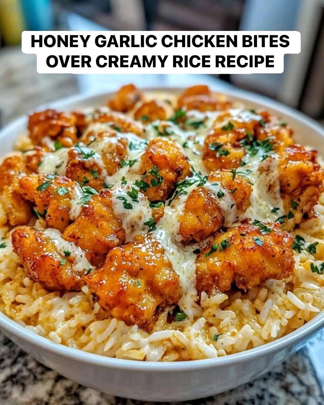 Mediterranean Honey Garlic Chicken Bites Over Creamy Rice 1
