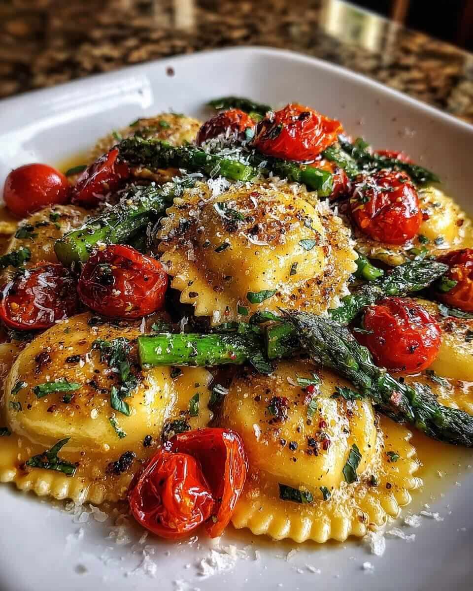 Mediterranean Ravioli with Tomatoes, Asparagus, Garlic, and Herbs 1