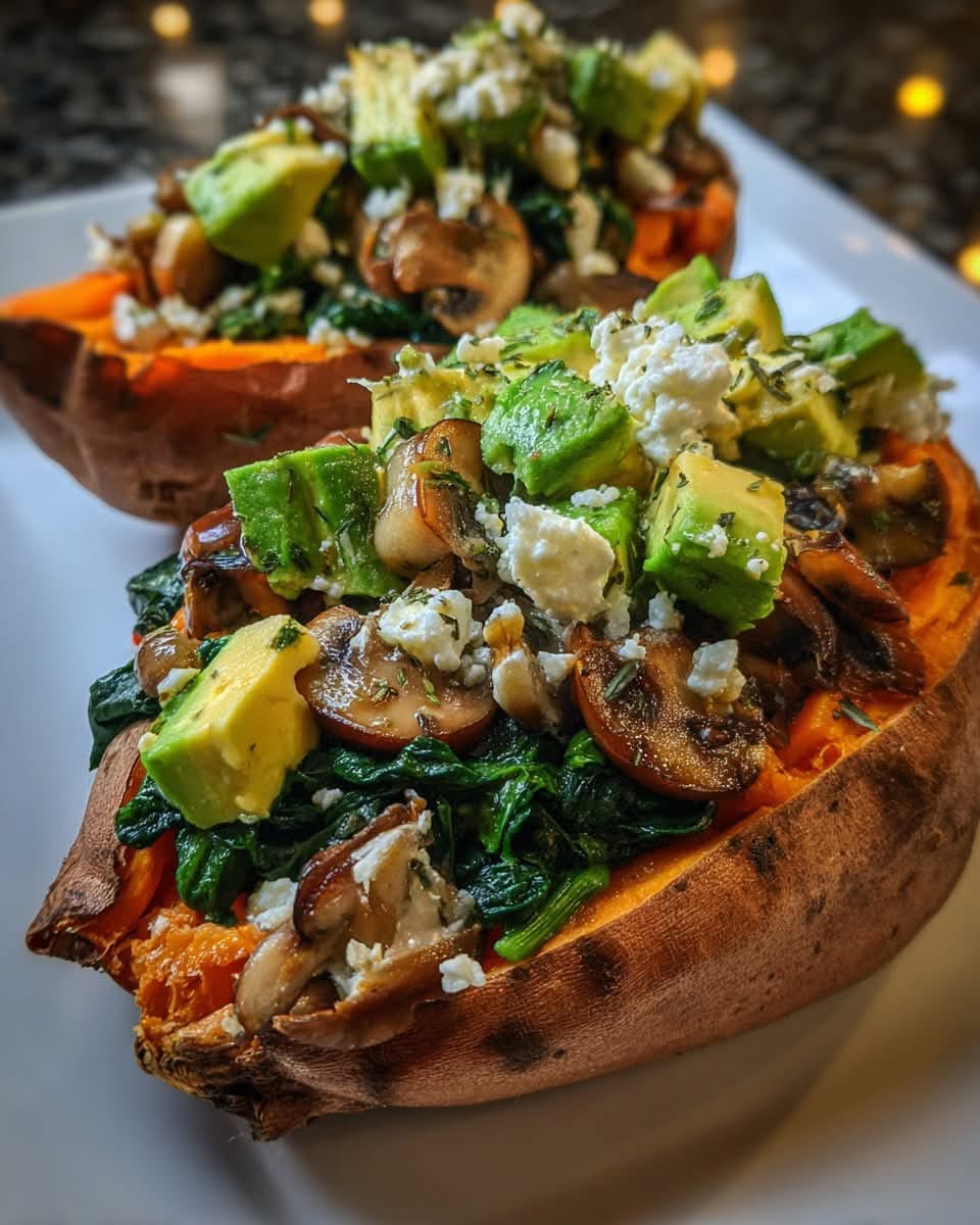 Mediterranean Stuffed Sweet Potatoes (Spinach, Avocado, Mushroom & Feta) 1