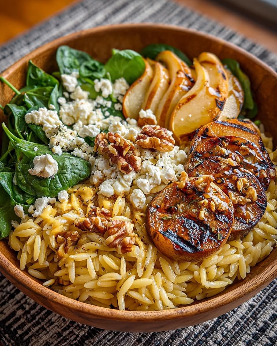 Mediterranean Warm Orzo Bowl with Roasted Pears & Honey Dijon Dressing 1