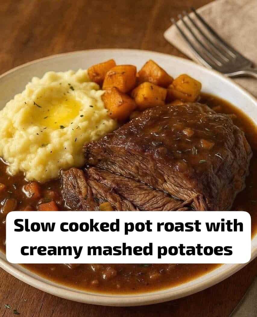 Slow-Cooked Pot Roast with Gravy Over Creamy Mashed Potatoes 1