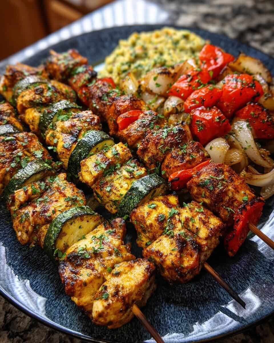 Mediterranean Chicken Skewers with Roasted Veggie Spread 1
