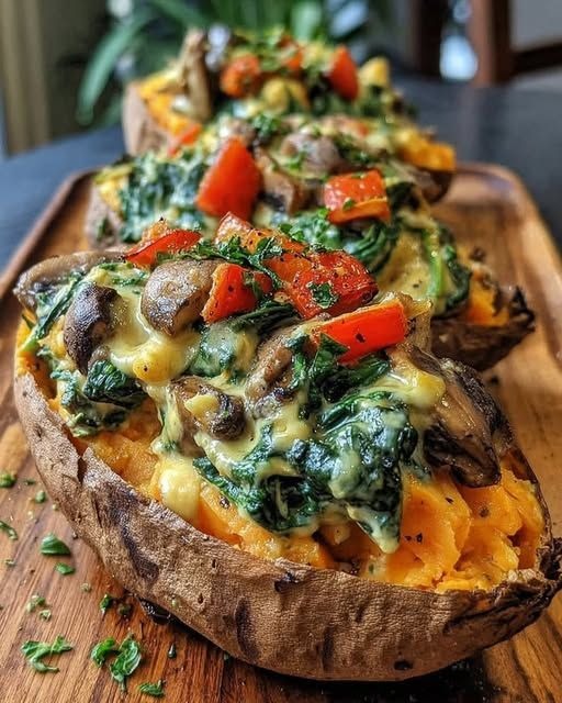 Mediterranean Stuffed Sweet Potatoes with Spinach, Mushrooms & Cheese 1