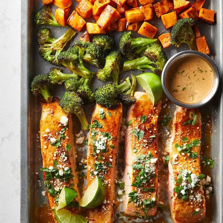 Mediterranean Sheet-Pan Salmon with Sweet Potatoes & Broccoli 1