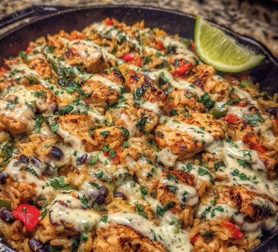 Mediterranean One Pot Southwest Chicken And Black Bean Rice Skillet With Cottage Lime Crema 1