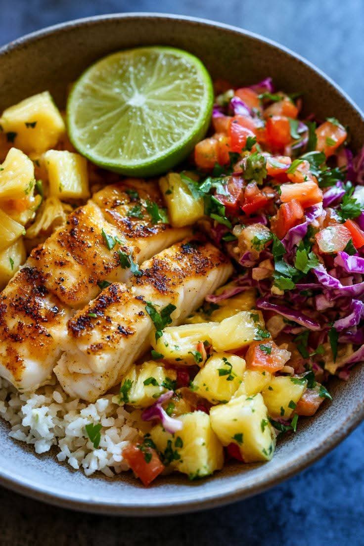 Mediterranean Tasty Low Carb Fish Taco Bowl with Pineapple Lime Cauliflower Rice recipe 1
