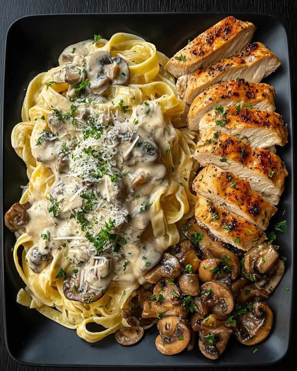 Mediterranean Creamy Mushroom Fettuccine with Grilled Chicken & Sautéed Mushrooms 1