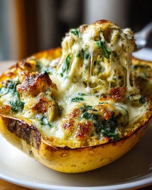 Mediterranean Tender Roasted Spaghetti Squash Tangled With Creamy Spinach, Briny Artichokes, & Melted Mozzarella 1